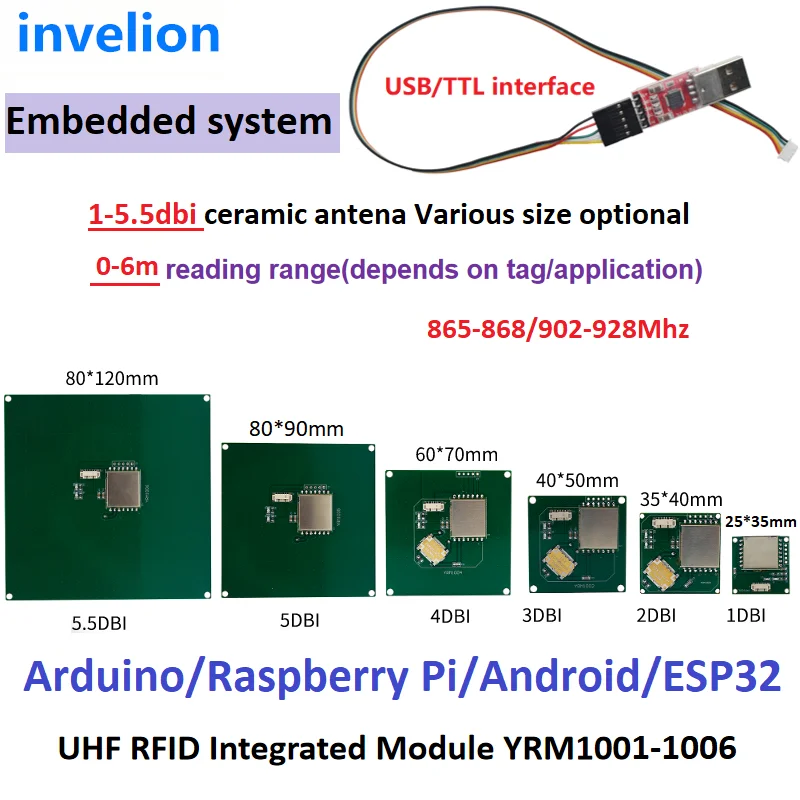 1CM-2M UHF RFID Integrated Module USB TTL UART Built-In 3dbi Ceramic RFID Antenna Access Control RFID Reader