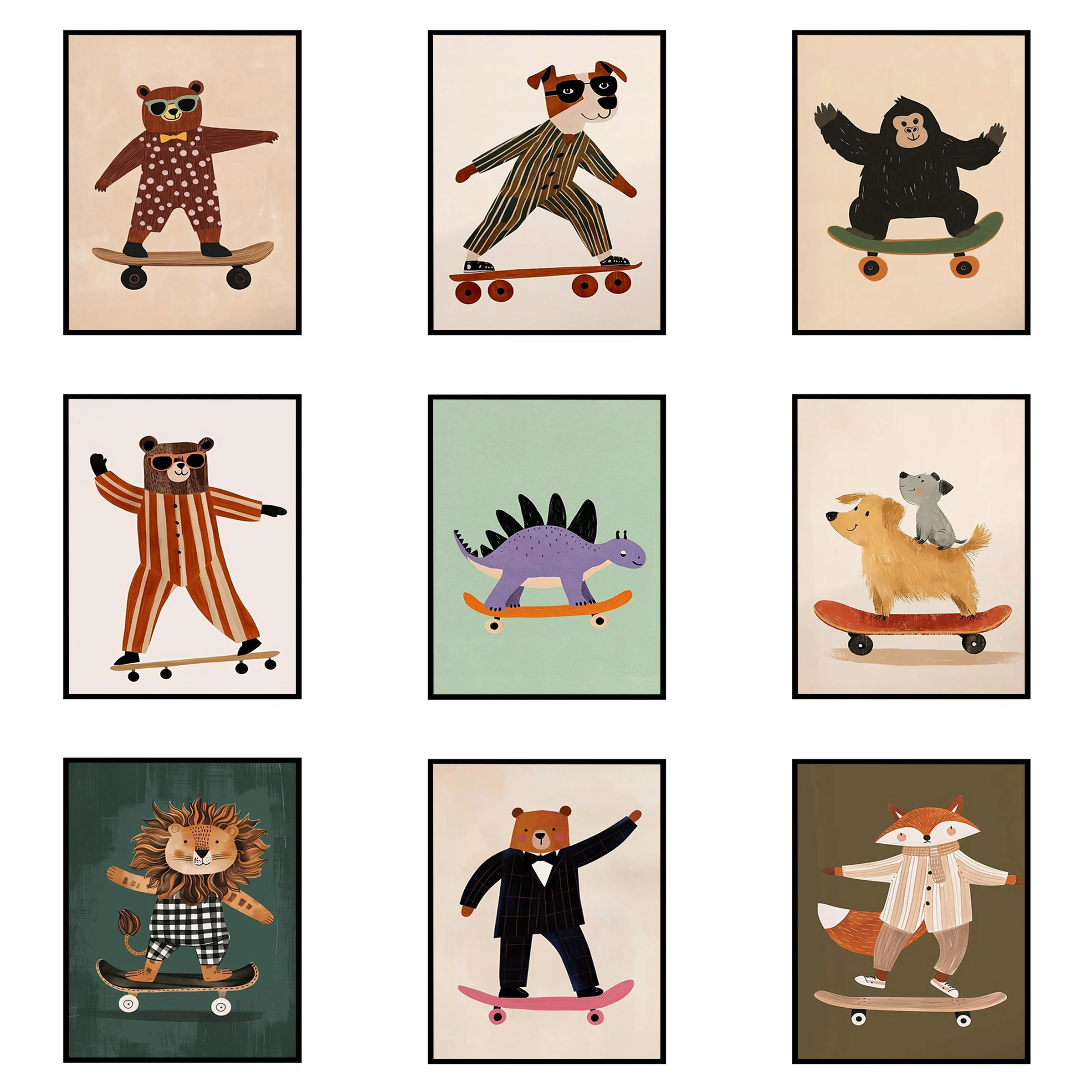 

Funny Animals Rabbit Dog Bear Cat Lion Skateboard Posters Prints Crocodile Wall Art Canvas Nursery Pictures for Kids Room Decor