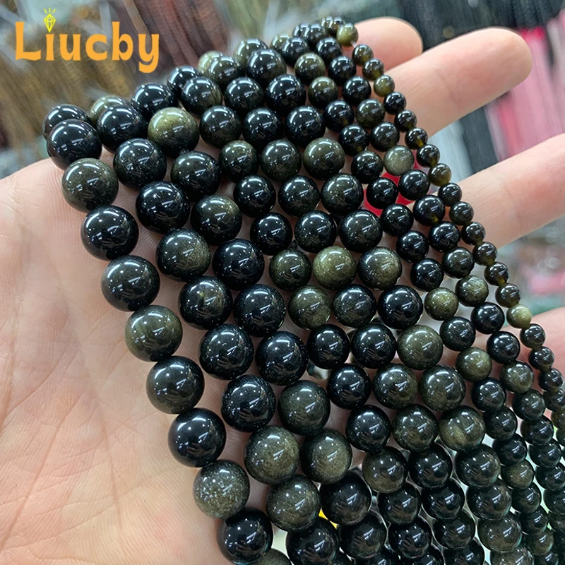 Handmade Natural Stone Gold Obsidian Round bead For Jewelry Making DIY Ring Accessories Charm Bracelet 15