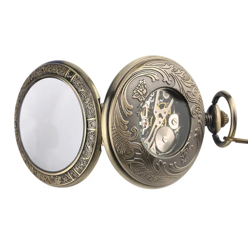 Vintage Hand Winding Mechanical Pocket Watch Transparent Half Hunter Case Roman Number Display Watches for Men Women with Chain