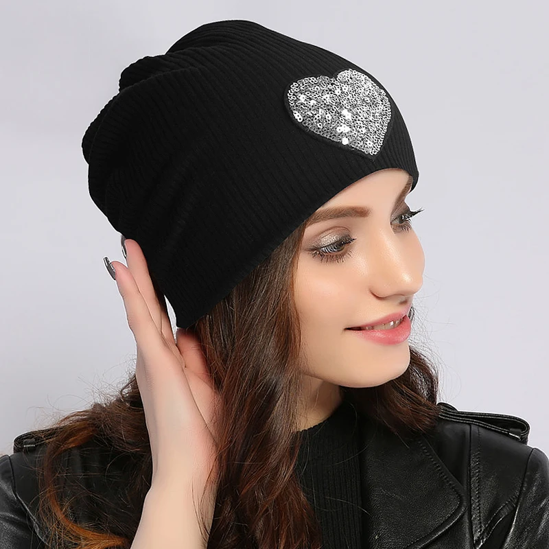 Women\'s Beanie Hat Sequin Love Ladies Cap Spring Plain Color Cotton Knitted Slouchy Beanies Bonnet Female Skull Beanie Hats