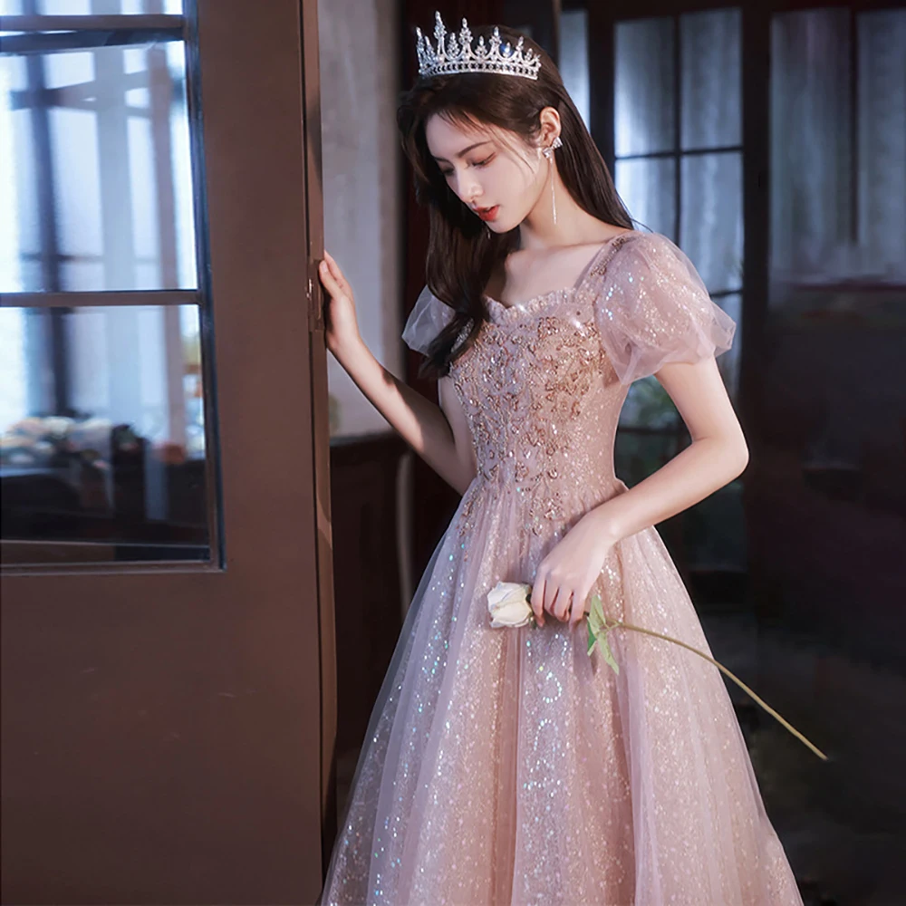 

Shiny Blingling Pink Tulle Evening Dresses Women Luxury Square Collar Puff Sleeve Sequins Long Dress Quinceanera Banquet Gown