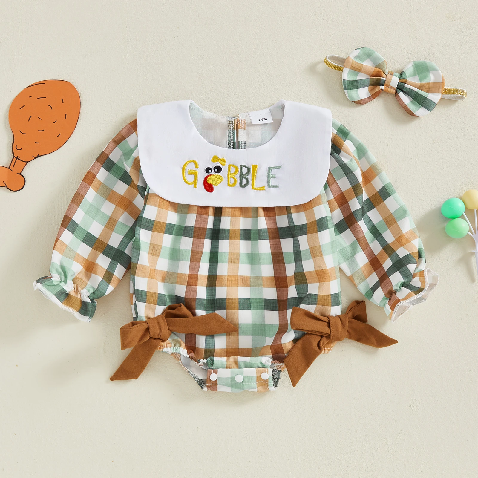 

Thanksgiving Day Baby Girl Romper with Long Sleeves and Doll Collar Featuring Turkey Embroidery and Plaid Design Perfect