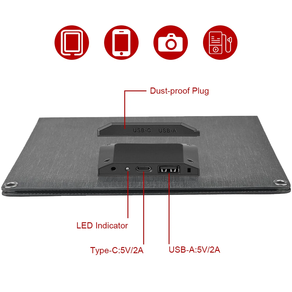 Painel solar portátil de 24w com saídas USB-C USB-A painel solar dobrável painel de carregamento solar para banco de potência do telefone pequeno ventilador