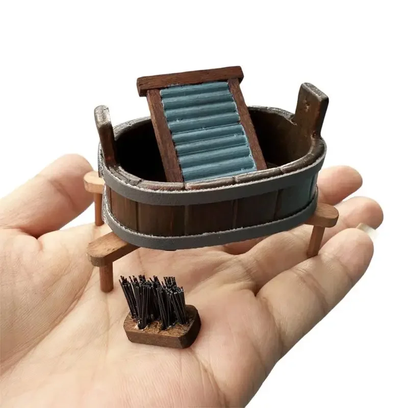 1:12 Dollhouse Miniature Wooden Barrel Washboard Brush Three-Piece Set Laundry Accessories For Doll House Decor Pretend Play Toy