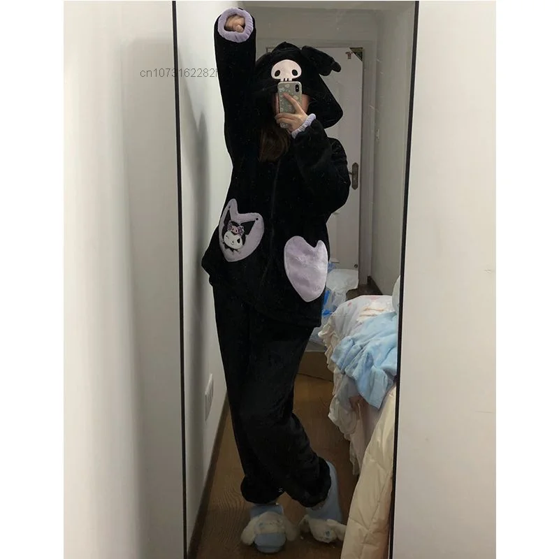 Sanrio Cute Kuromi Plush Hooded Coral Plush Pajamas Set 90s Aesthetic Thickened Warm Home Fur Pijama Set Korean 2000s Sleepwear