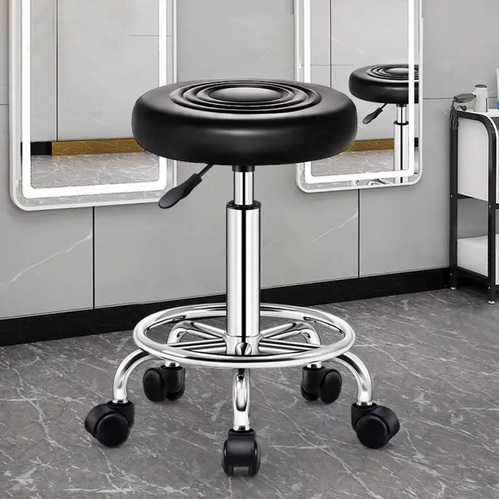 Taburete de belleza con ruedas y rotación de 360 grados, silla de salón acolchada de piel sintética con marco de Metal, altura ajustable