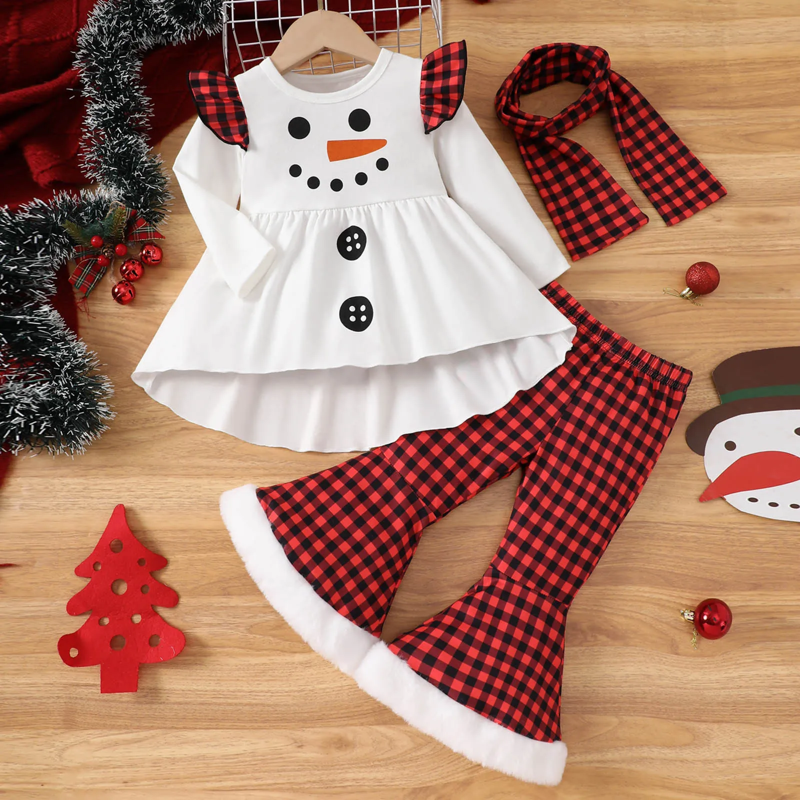 Toddler Girls Christmas Outfits Long Sleeve Cartoon Snowman Prints T Shirt Tops Plaid Pants Scarf Kids Outfits 1 2 3 4 5 Years