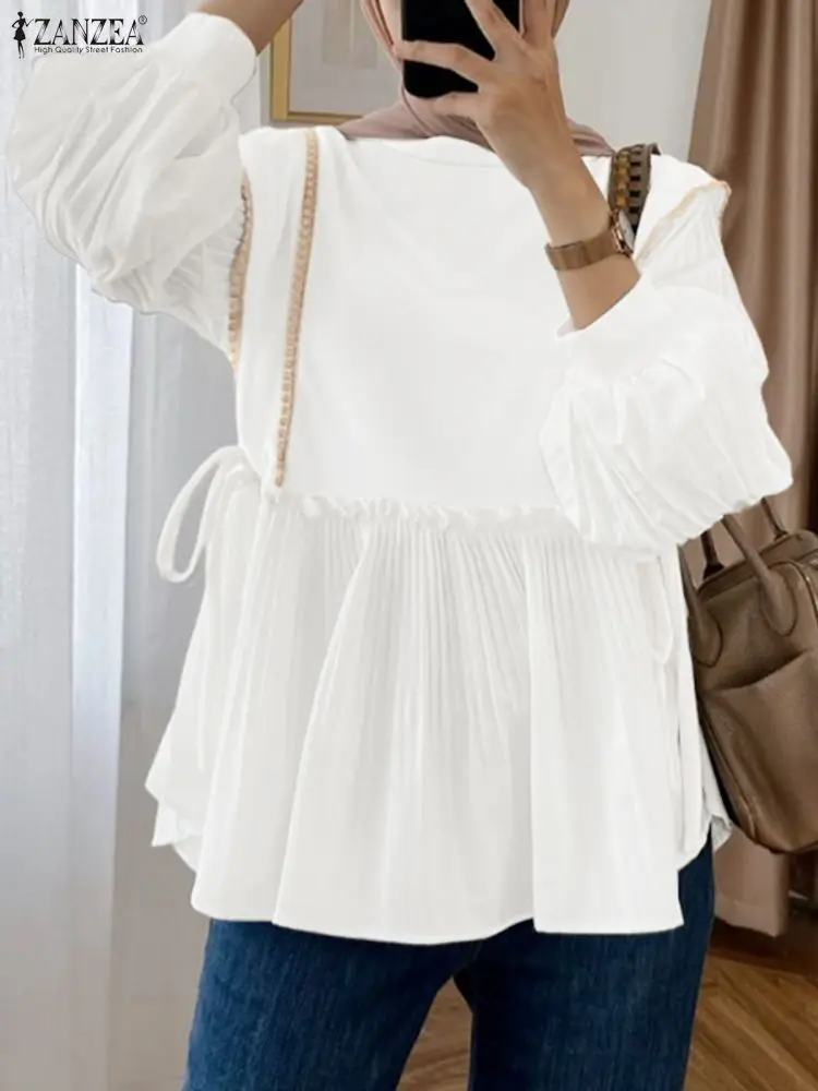 ZANZEA Donna Autunno Patchwork Camicetta 2025 Camicia moda musulmana Pullover a pieghe Mujer Femme Elegante manica lunga a lanterna Top