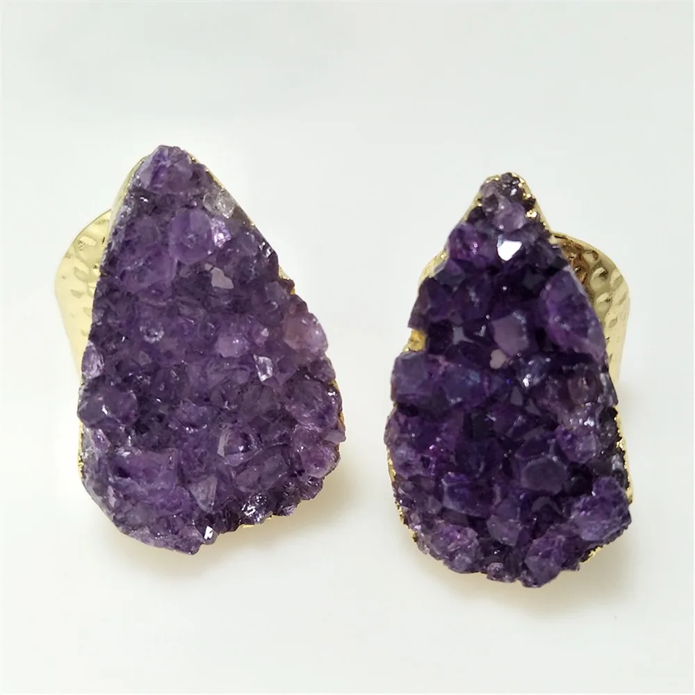 1Pc Natural Water Drop Amethyst Cluster Ring,Golden/Silvery Plated Semi Precious Stone Jewelry For Valentine\'s Day Gift RG043