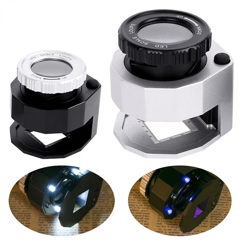 30X Professional Magnifying Glass Optical Glass Lens with Scale 3 LED 3 UV Light Illumination Jewelry Loupe Identify Currency