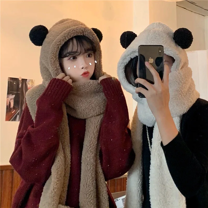 暖かいクマの顔の形をした3in女性用帽子・スカーフ・手袋セット　おしゃれなカレッジスタイル　秋冬一体型デザイン