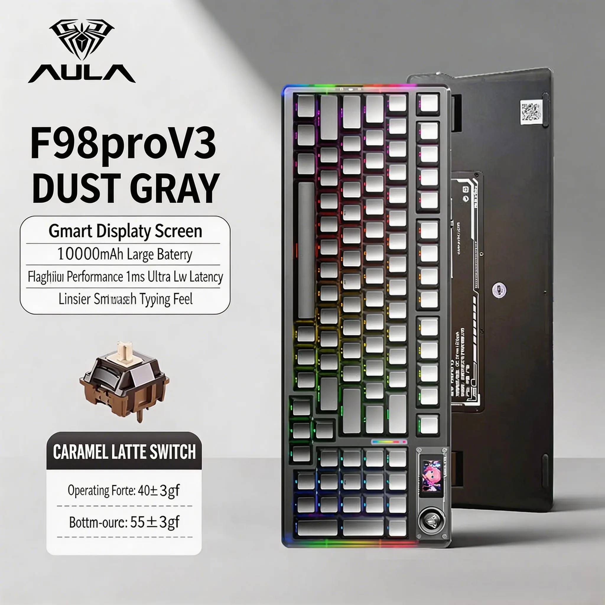 AULA F98 Pro V3 Mechanical Keyboard Custom RGB Backlight Wireless Bluetooth Gaming Keyboard Hifi Switch With Screen and Knob