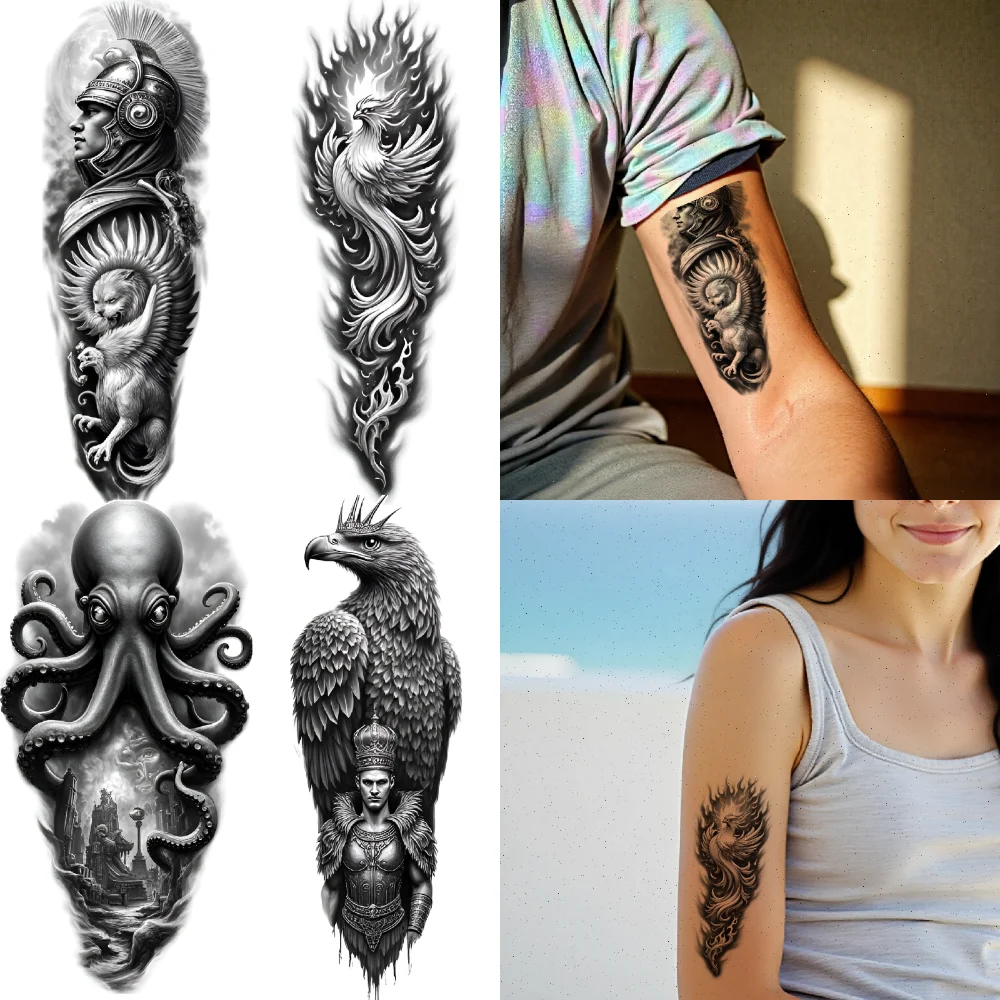 Tatouage temporaire guerrier spartiate, 3 pièces, autocollants imperméables et durables pour le corps, phénix raton laveur, aigle réaliste noir et gris pour