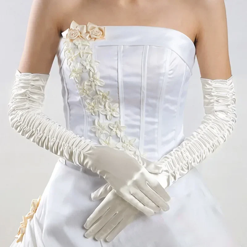 Stain Pleated Wedding Bridal  Long Extra  Evening Opera Party Gloves Full Finger  Ladies Sheer Gloves 2023