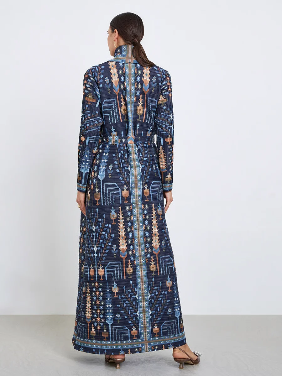 Fold Modest Fashion Pleated Ornate Pattern Abaya Navy Blue Self-Tie Wrap Maxi Islamic Robe Elegant Full-Coverage Outfit 2025