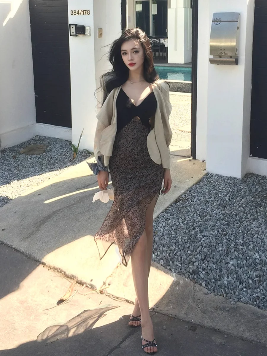 ReddaChic Sexy Vrouwen Stitch Kant Tank Jurk Romantische Rose Print V-hals Uitgesneden Bodycon Midi Lange Jurk Zomer Nacht Clubwear