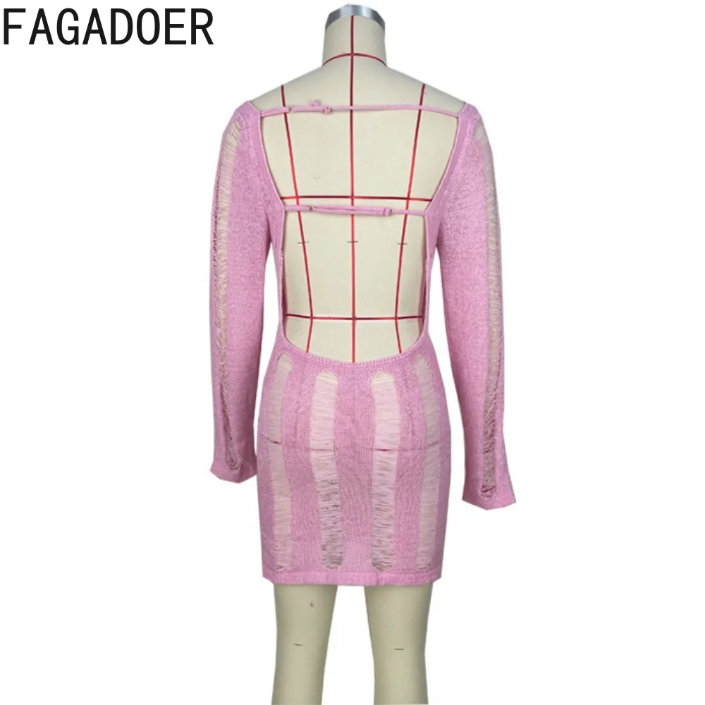 FAGADOER-فساتين قصيرة ضيقة محبوكة مجوفة للنساء ، كم طويل ، ضمادة عارية الظهر ، ملابس الشارع المثيرة ، الموضة ،