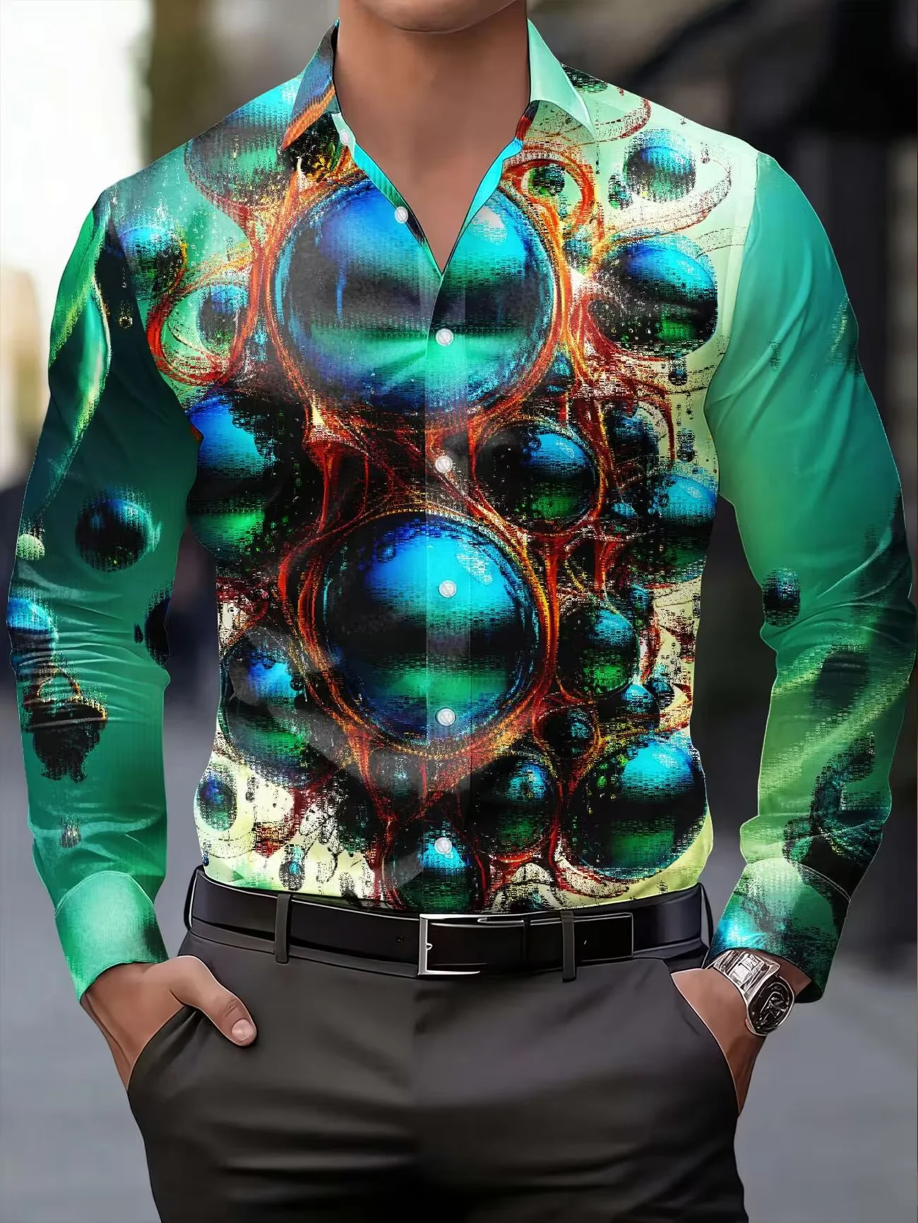 New green and black Tai Chi totem printed men's long sleeved shirt with ethnic style retro casual shirt clothing