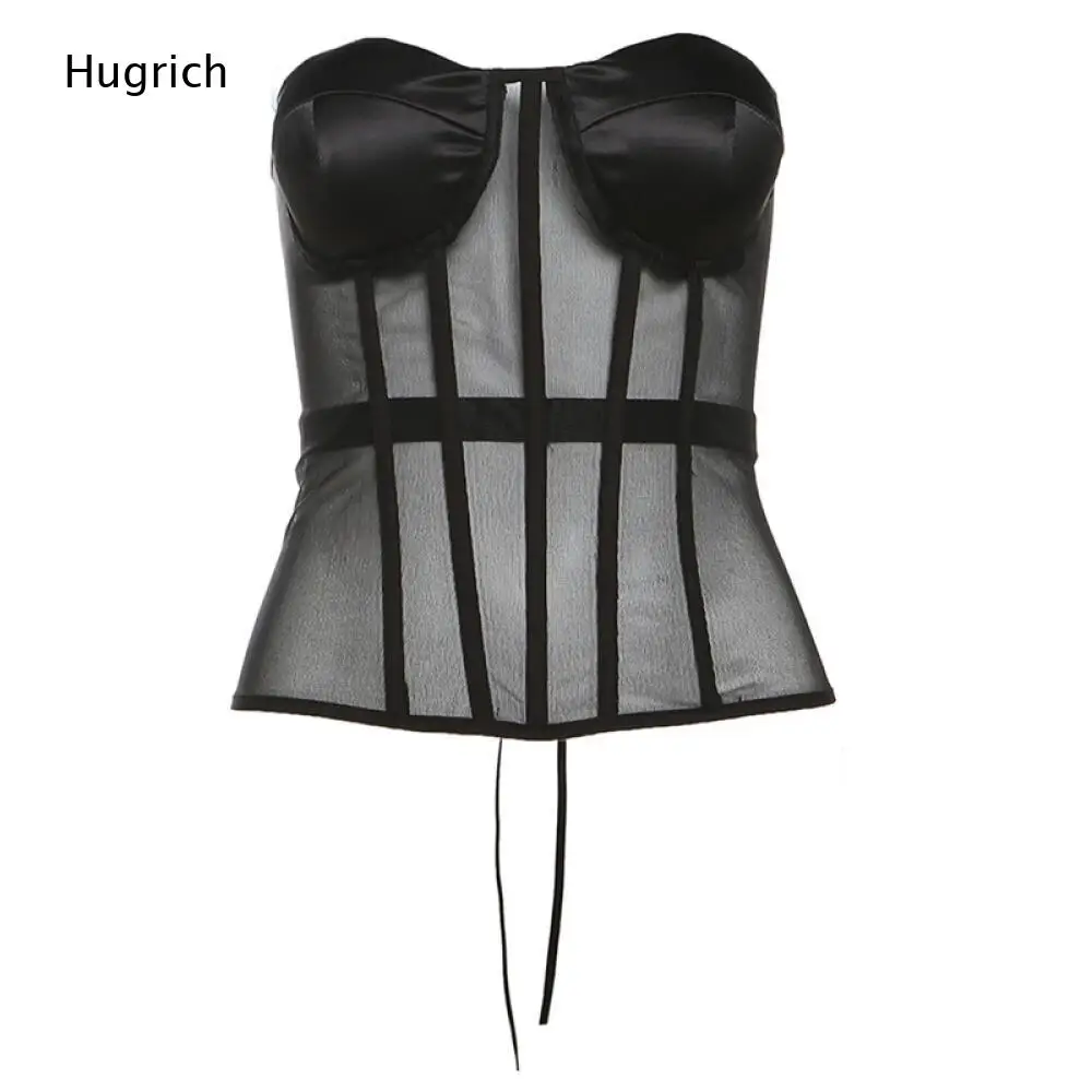 Women Black Satin Bust Strapless Corset Top Sheer Mesh Vertical Bone Stripe Back Lace Up Slim Gothic Bustier Tube Top