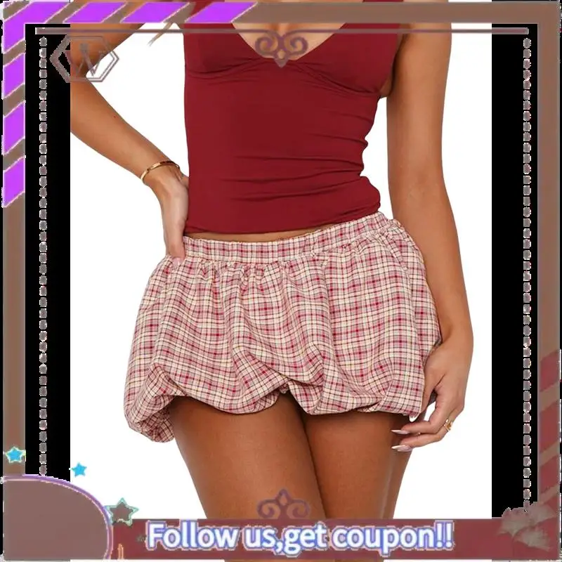 A95D-Minifalda de burbujas a cuadros para mujer, falda acampanada con volantes Y2K de cintura baja de verano 2025, con interior corto, color rojo vino XS