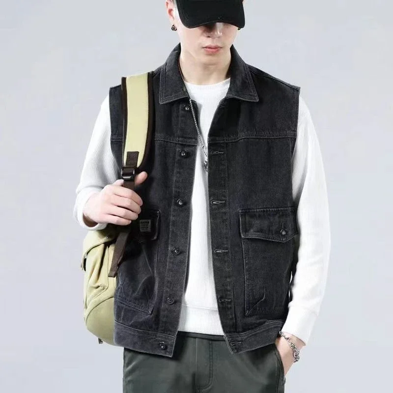 

Unisex Ins Workwear Vest Lightweight Denim Waistcoat for Men Women Autumn Streetwear Casual Layering