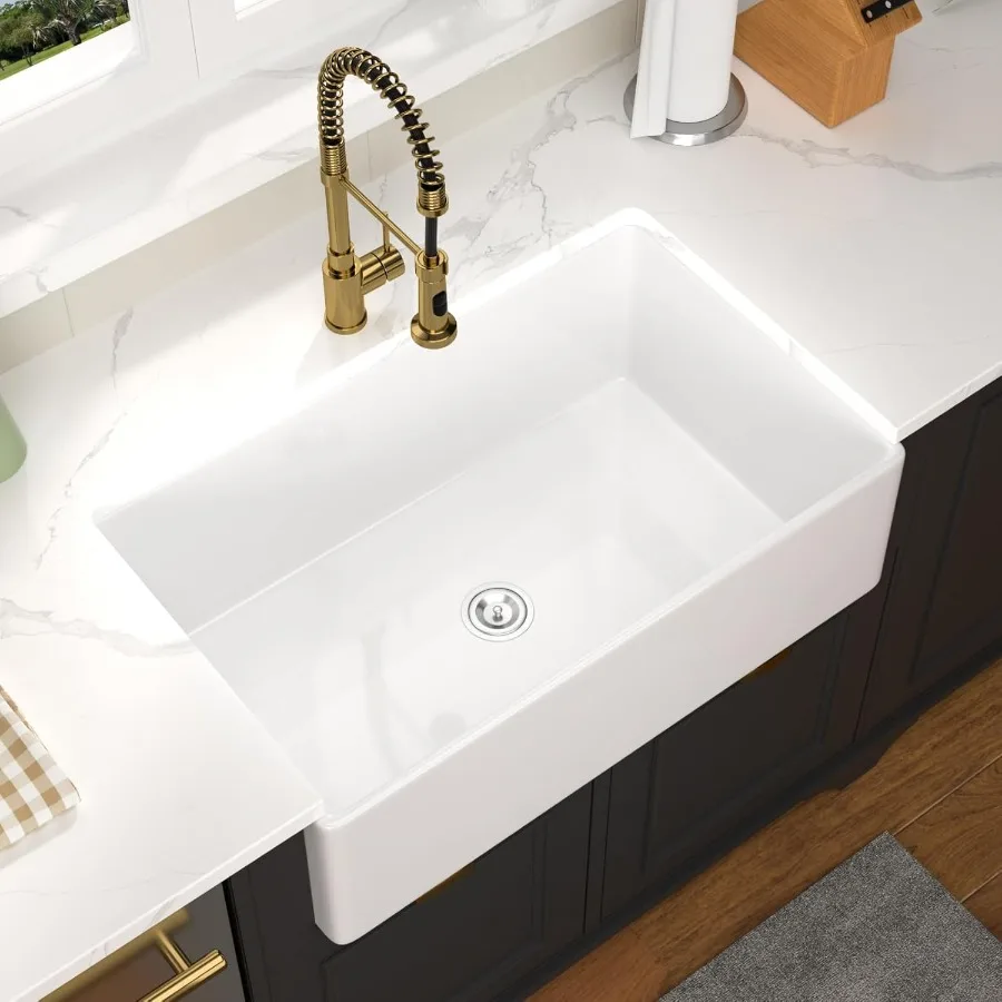33 Inch White Farmhouse Sink with Fireclay Material 33X20X10 Inch Single Bowl Apron Front Kitchen Sink in Porcelain Ceramic Lar