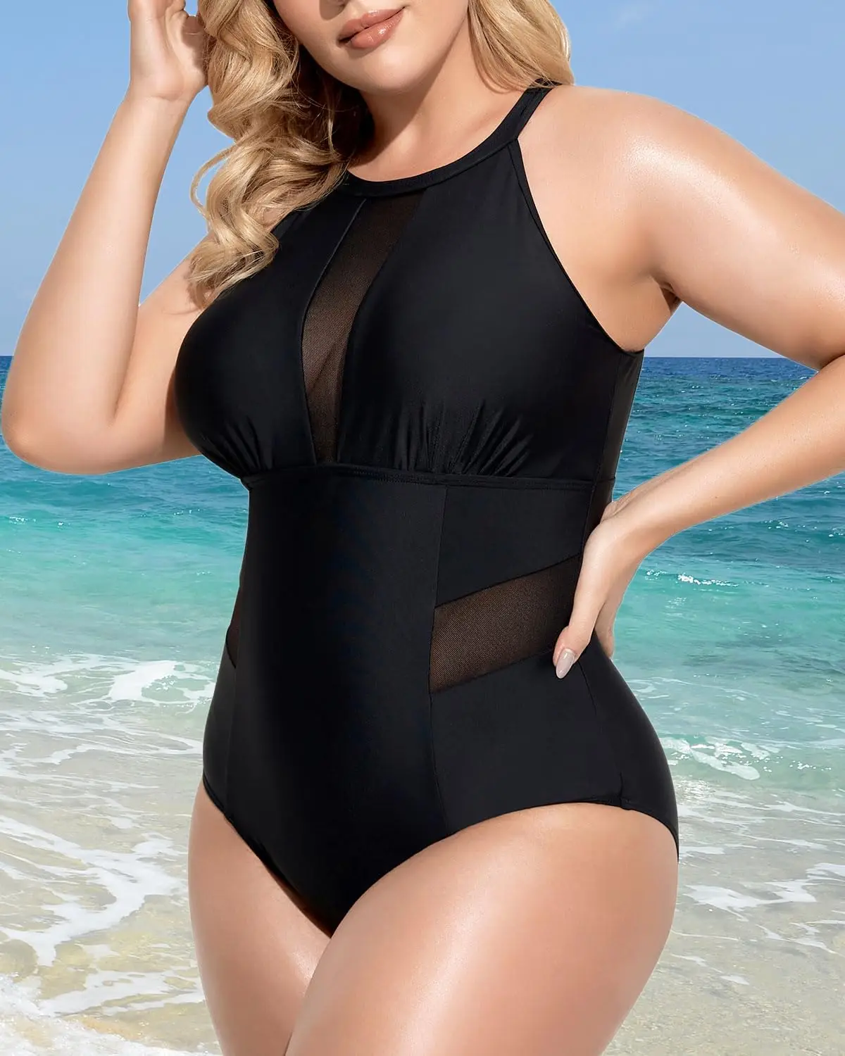 بدلة سباحة قطعة واحدة مقاس كبير من Luxy Trio للنساء - بدلة استحمام شبكية برقبة عالية