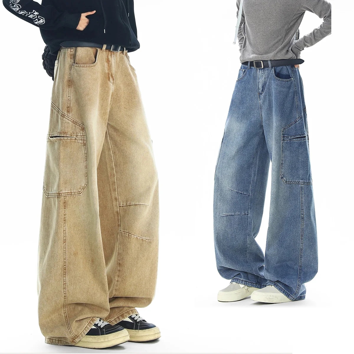 Brand Clothing Men's Baggy Cargo Jeans Khaki Denim Pants Work Style Loose Fit Streetwear Vintage Wash Wide Leg Trousers Male