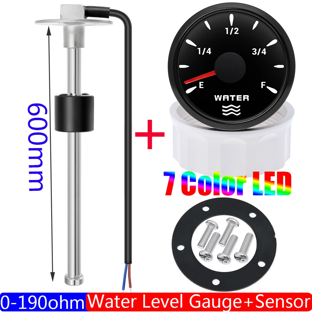 

600mm Water Level Sensor 0-190Ohm 52mm Water Level Gauge with 7 Color Light Water Tank Meter Indicator Gasoline Boat Car 12V 24V