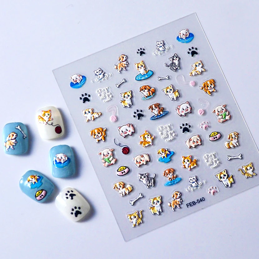 

Tender Cute Puppy Dog Cat Pig Cartoon Kitty Animal 5D Embossed Reliefs Self Adhesive Nail Art Decoration Sticker Manicure Decals