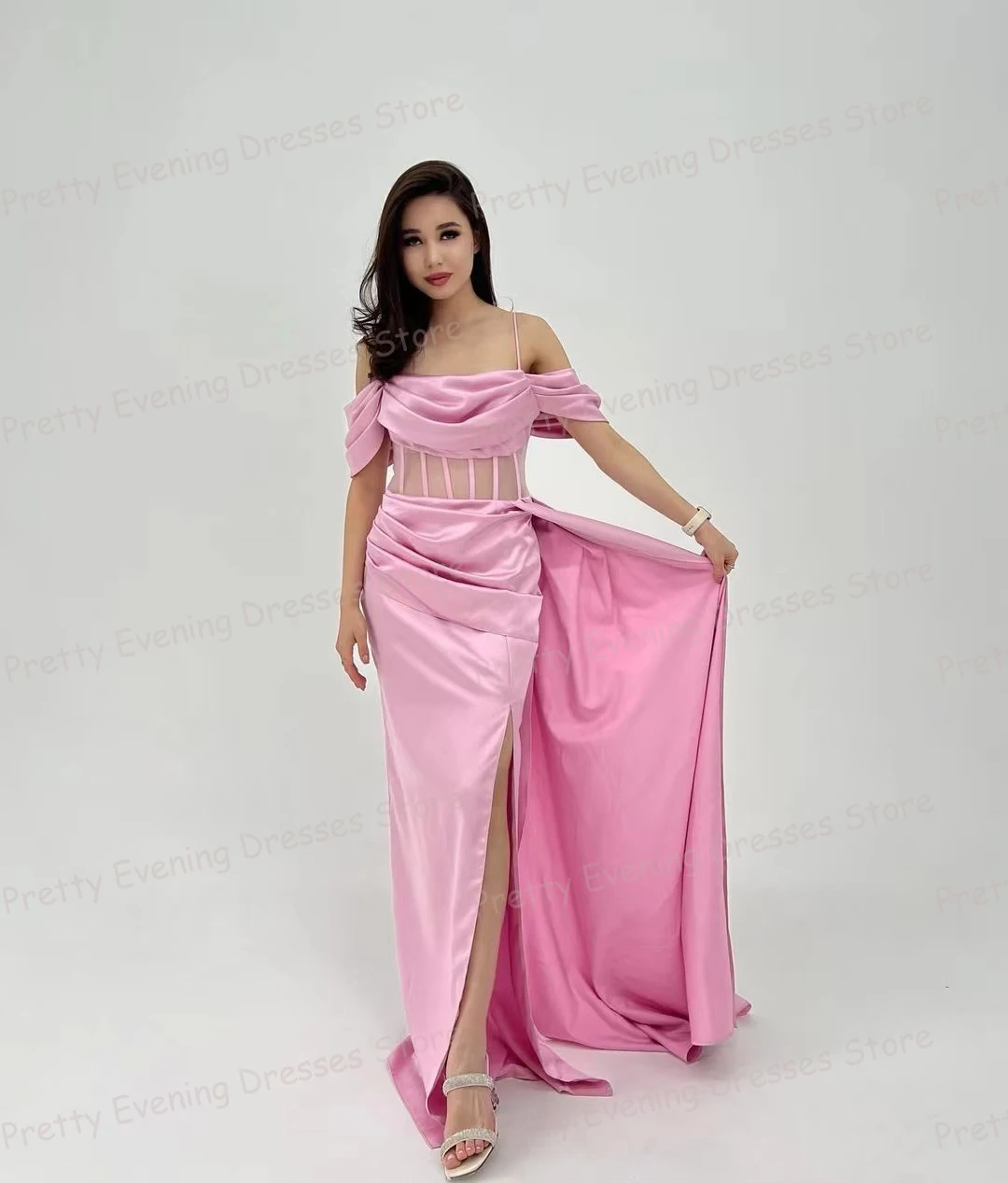 Simple Pink Evening Dresses Mermaid Women's Sexy Hollow High Split Prom Gowns Off Shoulder Pleat Satin Party Vestidos De Noche