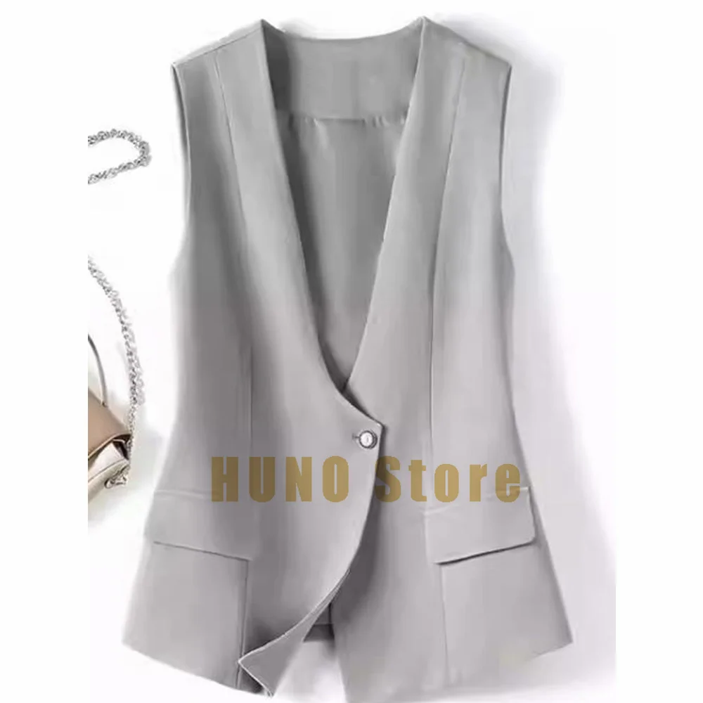 V-neck Spring and Autumn Casual Gray Suit Vest Female Loose Cardigan All-match Small Top One Button Sleeveless Ladies Vest