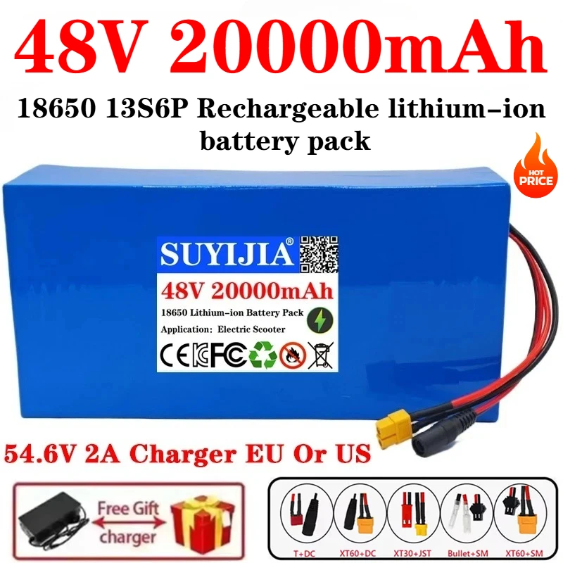 

18650 13S6P 48V 20000mAh Li-ion Battery Pack 2000W Built-in 50A BMS for Electric Bicycle Electric Scooter +54.6V 2A Charger