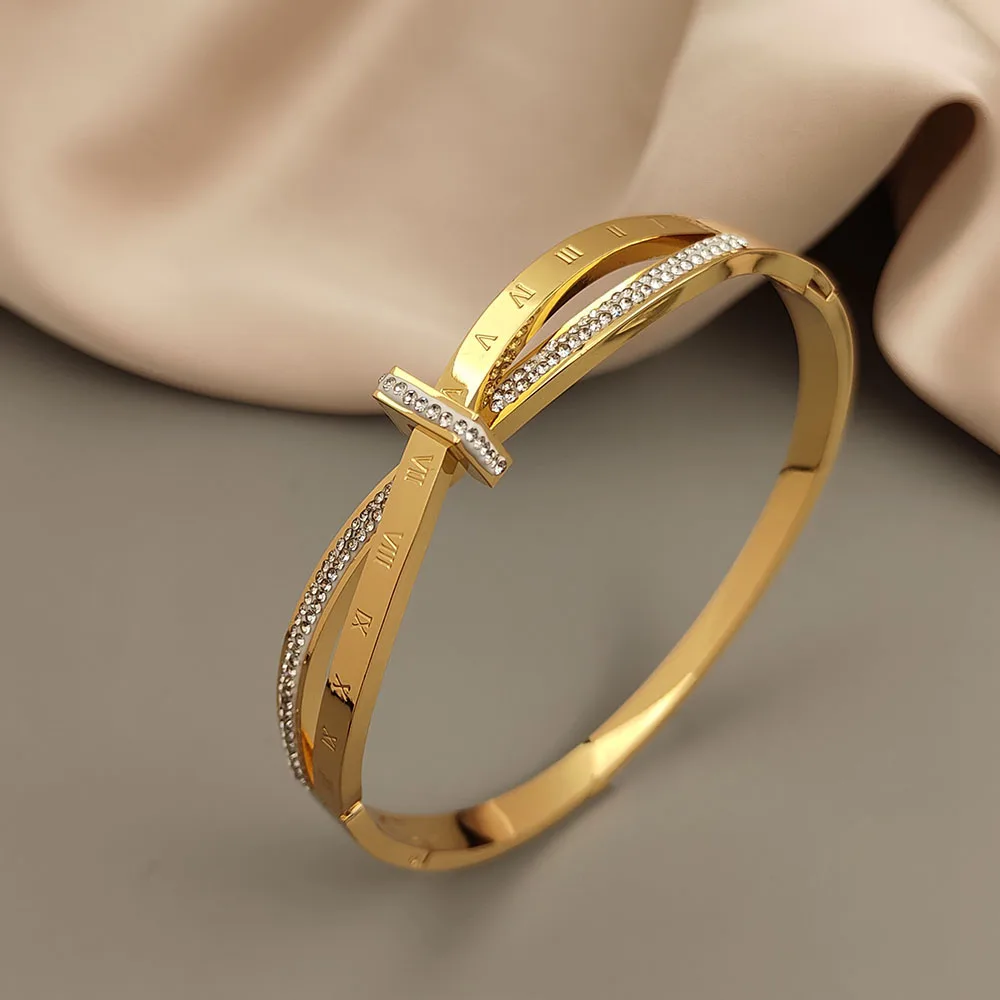 

New Knotted Hollow Zircon Gold Plated Stainless Steel Women's Bracelet, High Quality Waterproof Silver Bracelet