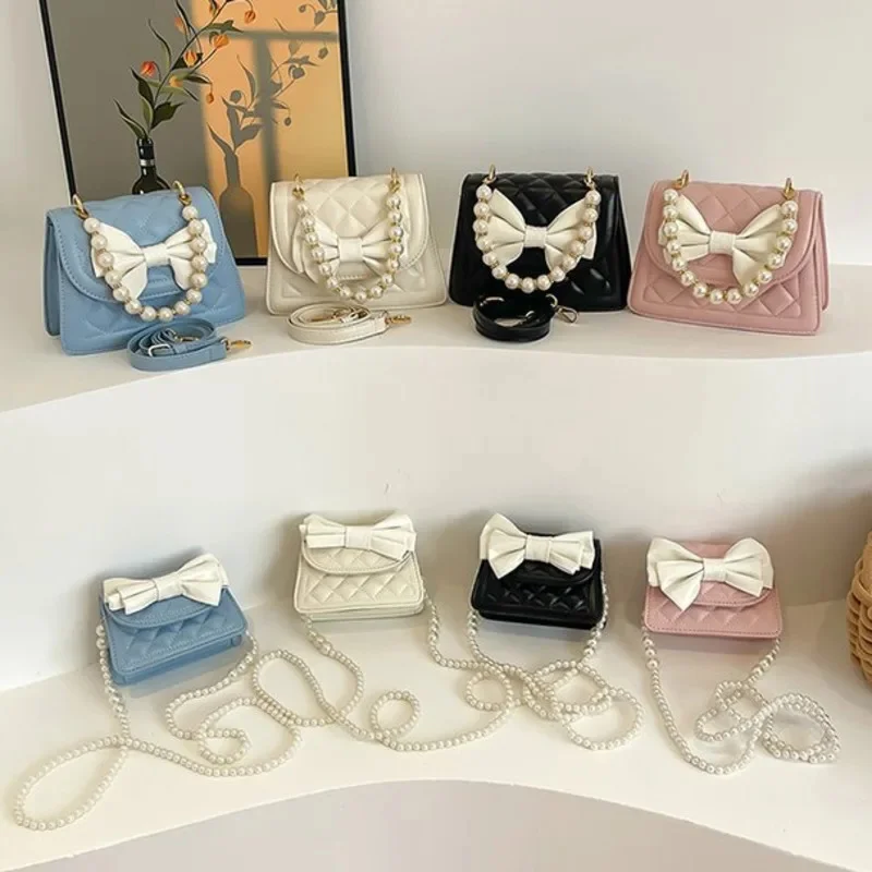 

Butterfly Knot Pearl Chain Handbag Girl 24 Y2K Korea Version Fashion Diamond Grid Single Shoulder Commutie Casual Crossbody Bag