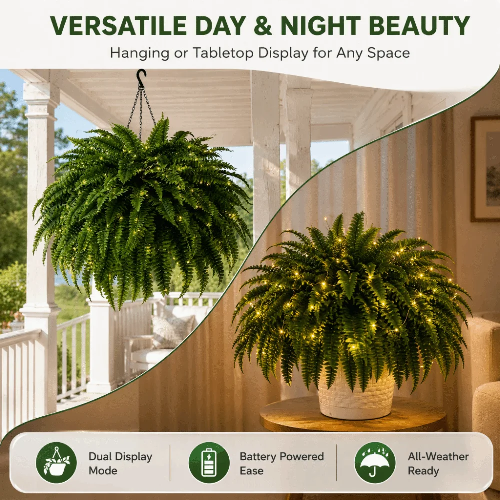 88 Leaves Glowing Boston Ferns with Lights Plastic Silk Leaf Lighted Boston Fern Plant Fade Resistant Realistic