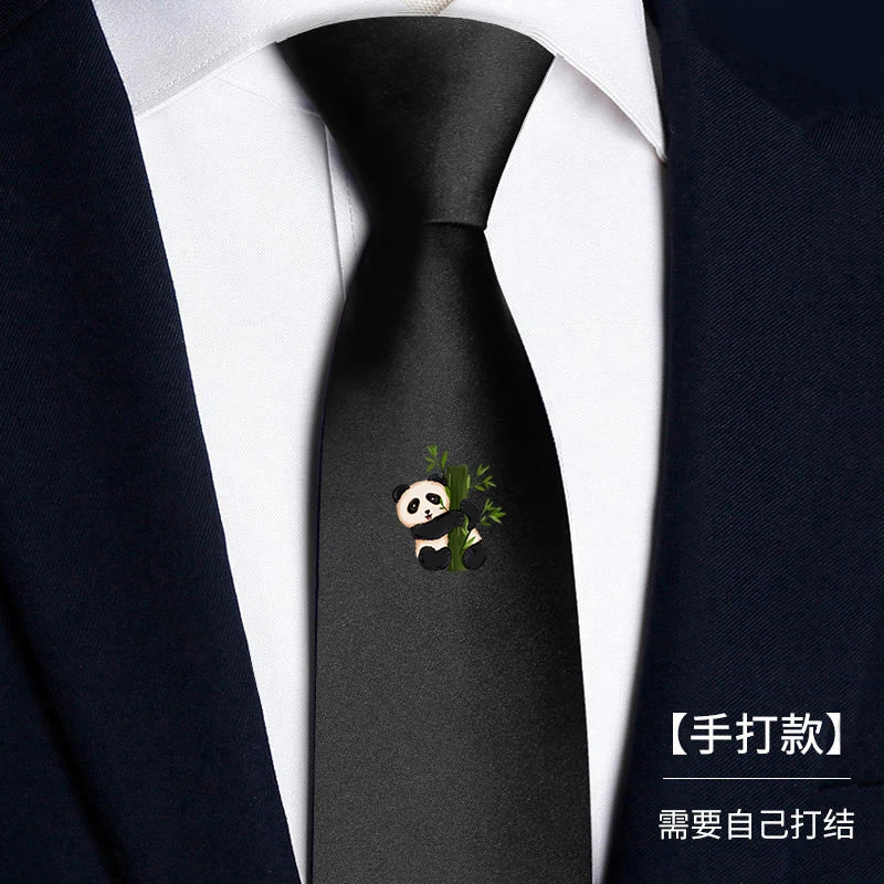 High Quality Black Panda Print Pattern Men's Tie Fashionable 7CM Business Banquet Dress Shirt Accessories Handmade Knotted Tie