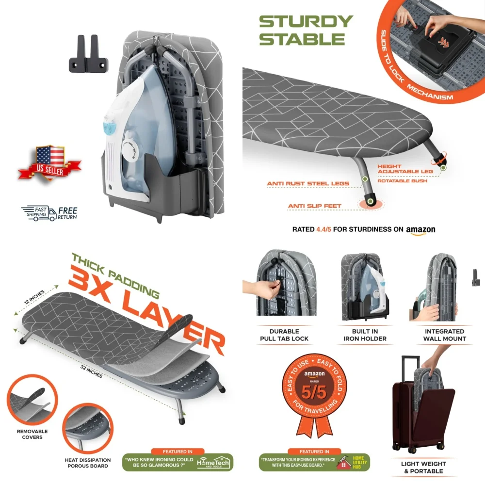 

Portable Folding Ironing Board with Wall Mount and Iron Holder Compact Desktop Design for Home Travel Efficient Laundry Care