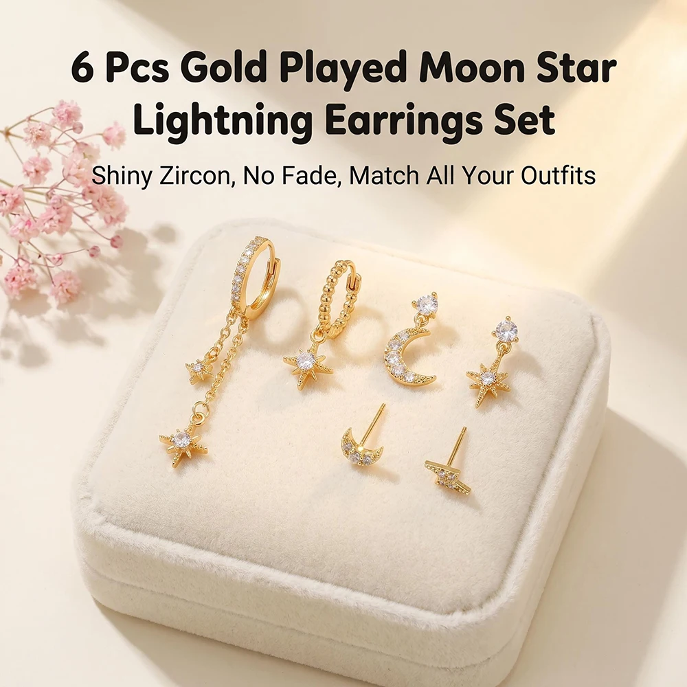 

6Pcs Gold Plated Cubic Zirconia Earrings Set for Women Moon Star Lightning Huggie Hoop Drop Stackable Boho Jewelry