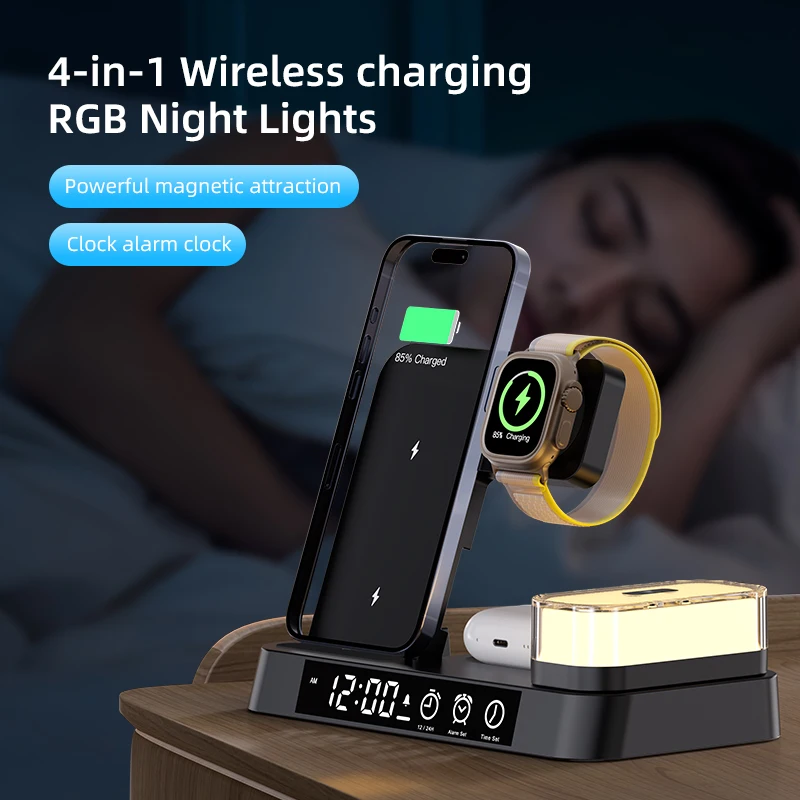 

Alarm Clock Wireless Charging Station 4 In 1 Fast Charger Station for AirPods Pro iPhone 16/15/14/13/Apple Watch with RGB Light