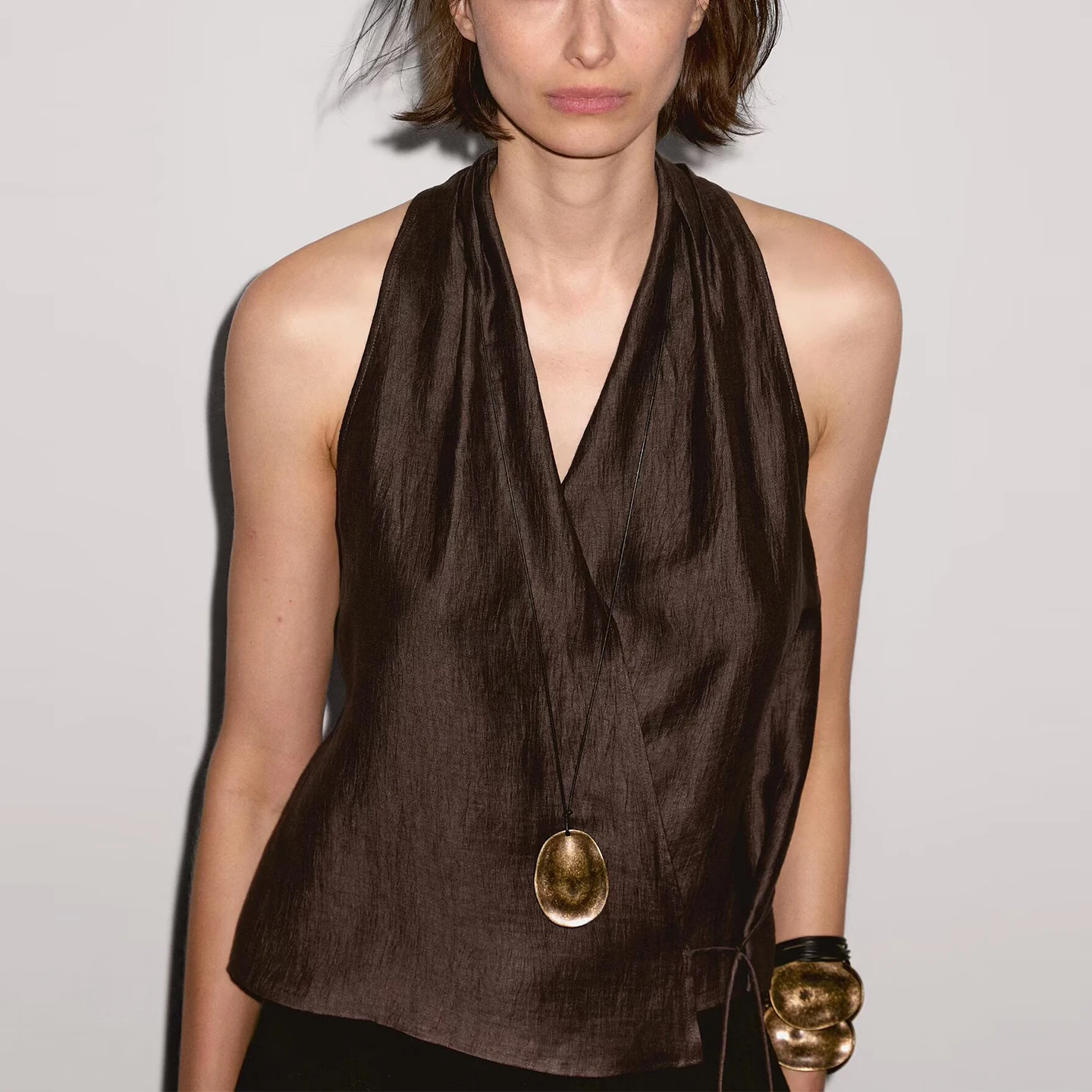 Ele Vintage Ne Hanging V-Ne Svel Top المرأة الصيف Faion ألياف البوليستر فضفاضة تناسب اللون ملابس غير رسمية #2