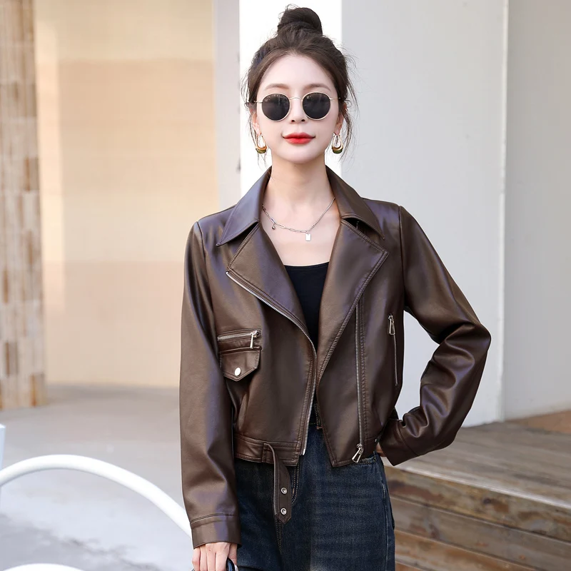 2024 جديد Faion بولي Leather الجلود Jaet ort دراجة نارية Sle المرأة عادية ربيع الخريف سستة الشارع Sle معطف فضفاض صالح