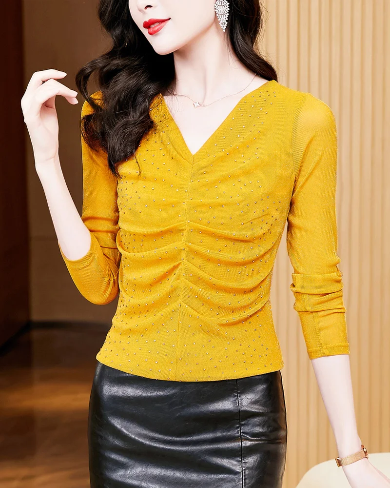 Spring Summer All-match Woman Sweet Knitted Solid Silm Commute Long Sleeve T-shirt Diamond Set Fashion Mesh V-neck Fold M-3XL