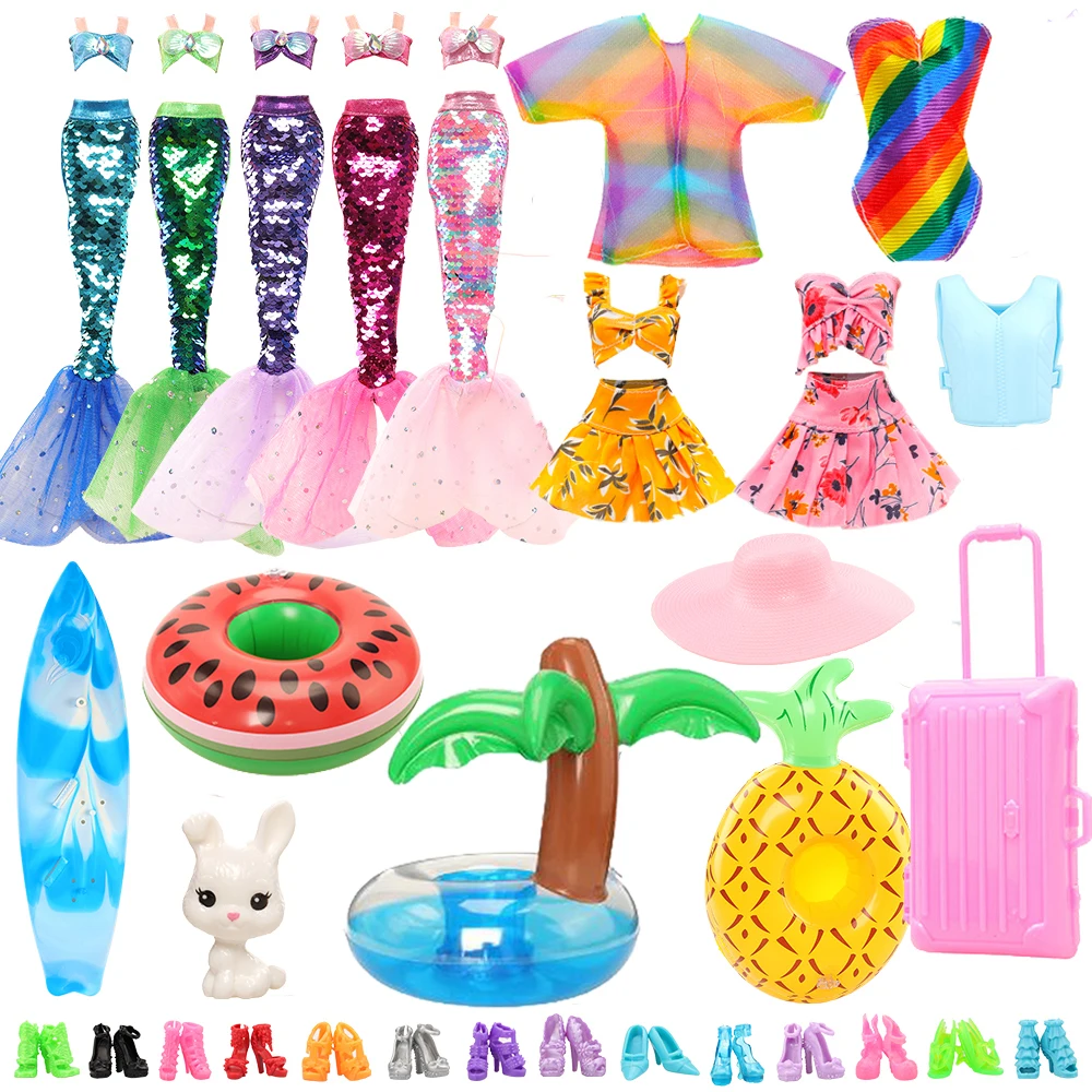 

[No Doll]Doll Clothes and Accessories Set, 11.5 Inch Swimwear Beach Outfit with Bikini Swimsuits Mermaid Dress Floating Surf