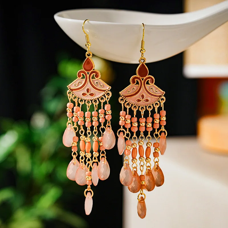 Böhmische mehrfarbige Reis perle Wasser tropfen Ohrringe für Frauen Temperament lange Emaille fächerförmige Ohrring Urlaub Party Schmuck – Detail 5
