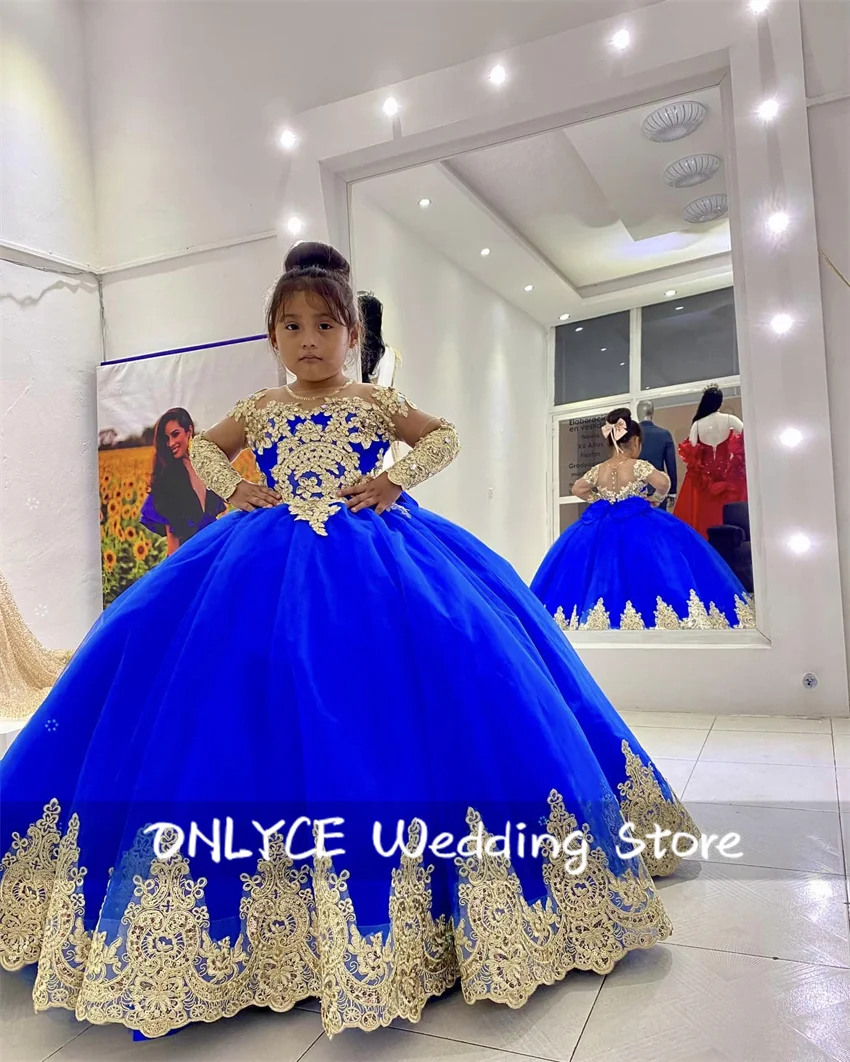 Royal Blue Flower Girl Dress Gold Applique Long Sleeve Pageant Wedding With Bow First Communion Birthday Birthday Party