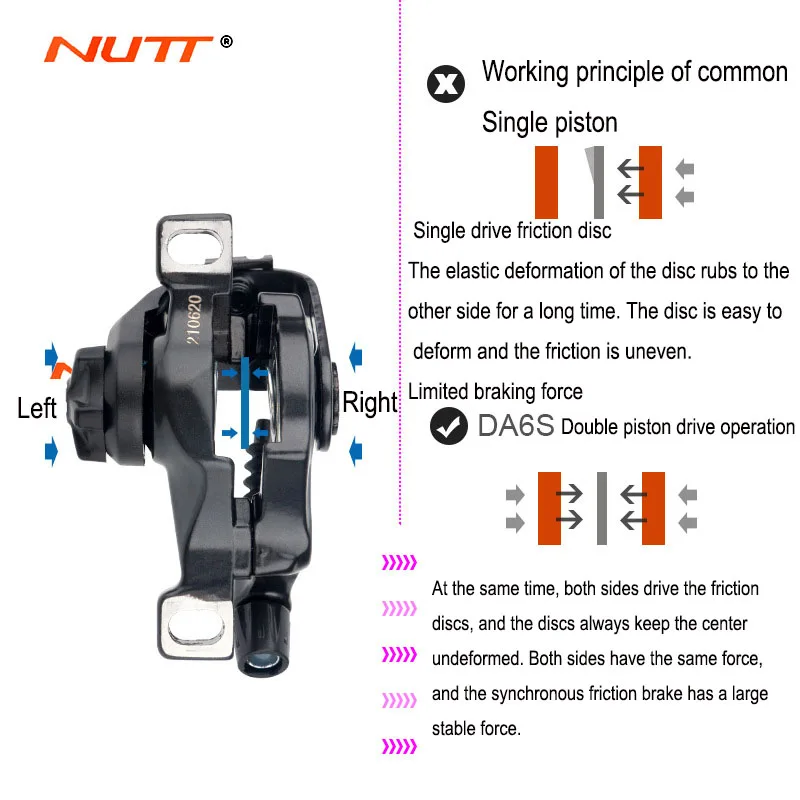 NUTT DA6S Mountain Bicycle Disc Brake Dual Piston Drive Caliper with 160mm Rotor MTB Bikes Scooter E-Bike Brakes Pull Line