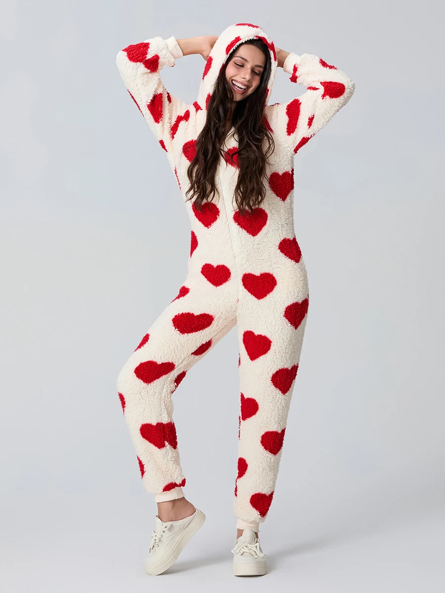 Winter New Women'S Christmas Plush Jumpsuit Pajamas Cute Heart-Shaped Printed Long Sleeved Plush Jumpsuit Hooded Pajamas