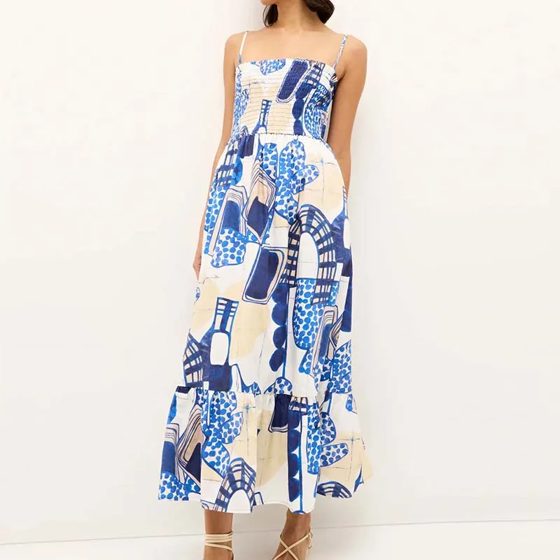 Padrão azul impresso fora do ombro bohe vestido sexy verão suspender vestido plissado casual cintura alta sem mangas praia vestidos longos